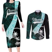 Chuuk Constitution Day Couples Matching Long Sleeve Bodycon Dress and Long Sleeve Button Shirt Hibiscus Turquoise Pattern LT01 Turquoise - Polynesian Pride