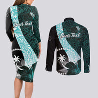 Chuuk Constitution Day Couples Matching Long Sleeve Bodycon Dress and Long Sleeve Button Shirt Hibiscus Turquoise Pattern LT01 - Polynesian Pride