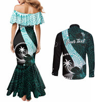Chuuk Constitution Day Couples Matching Mermaid Dress and Long Sleeve Button Shirt Hibiscus Turquoise Pattern LT01 - Polynesian Pride