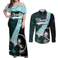 Chuuk Constitution Day Couples Matching Off Shoulder Maxi Dress and Long Sleeve Button Shirt Hibiscus Turquoise Pattern LT01 Turquoise - Polynesian Pride