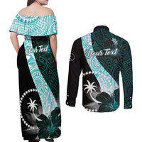 Chuuk Constitution Day Couples Matching Off Shoulder Maxi Dress and Long Sleeve Button Shirt Hibiscus Turquoise Pattern LT01 - Polynesian Pride