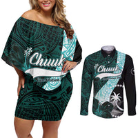 Chuuk Constitution Day Couples Matching Off Shoulder Short Dress and Long Sleeve Button Shirt Hibiscus Turquoise Pattern LT01 Turquoise - Polynesian Pride