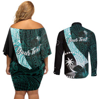 Chuuk Constitution Day Couples Matching Off Shoulder Short Dress and Long Sleeve Button Shirt Hibiscus Turquoise Pattern LT01 - Polynesian Pride