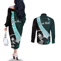Chuuk Constitution Day Couples Matching Off The Shoulder Long Sleeve Dress and Long Sleeve Button Shirt Hibiscus Turquoise Pattern LT01 - Polynesian Pride