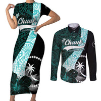 Chuuk Constitution Day Couples Matching Short Sleeve Bodycon Dress and Long Sleeve Button Shirt Hibiscus Turquoise Pattern LT01 Turquoise - Polynesian Pride
