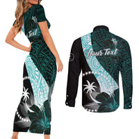 Chuuk Constitution Day Couples Matching Short Sleeve Bodycon Dress and Long Sleeve Button Shirt Hibiscus Turquoise Pattern LT01 - Polynesian Pride