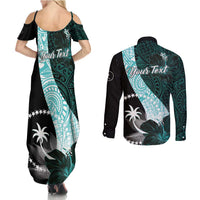 Chuuk Constitution Day Couples Matching Summer Maxi Dress and Long Sleeve Button Shirt Hibiscus Turquoise Pattern LT01 - Polynesian Pride