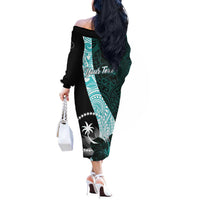 Chuuk Constitution Day Off The Shoulder Long Sleeve Dress Hibiscus Turquoise Pattern LT01 - Polynesian Pride
