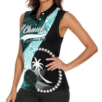 Chuuk Constitution Day Women Sleeveless Polo Shirt Hibiscus Turquoise Pattern LT01 - Polynesian Pride