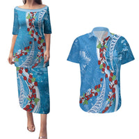 Fiji Tagimaucia Floral Couples Matching Puletasi and Hawaiian Shirt Tapa Pattern LT01 Blue - Polynesian Pride