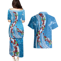 Fiji Tagimaucia Floral Couples Matching Puletasi and Hawaiian Shirt Tapa Pattern LT01 - Polynesian Pride