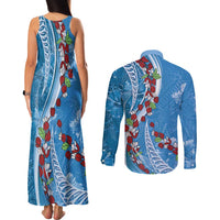Fiji Tagimaucia Floral Couples Matching Tank Maxi Dress and Long Sleeve Button Shirt Tapa Pattern