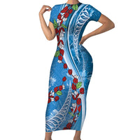 Fiji Tagimaucia Floral Short Sleeve Bodycon Dress Tapa Pattern LT01 Long Dress Blue - Polynesian Pride