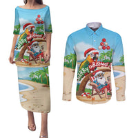 Personalized Hawaii Santa Parrot Christmas Couples Matching Puletasi and Long Sleeve Button Shirt Summer Vibe LT01 Blue - Polynesian Pride