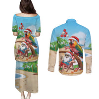 Personalized Hawaii Santa Parrot Christmas Couples Matching Puletasi and Long Sleeve Button Shirt Summer Vibe - Polynesian Pride