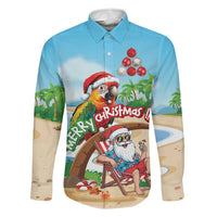 Personalized Hawaii Santa Parrot Christmas Family Matching Off The Shoulder Long Sleeve Dress and Hawaiian Shirt Summer Vibe LT01 Dad's Shirt - Long Sleeve Blue - Polynesian Pride