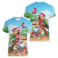 Personalized Hawaii Santa Parrot Christmas Women V-Neck T-Shirt Summer Vibe - Polynesian Pride