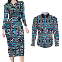 Maori Matariki Couples Matching Long Sleeve Bodycon Dress and Long Sleeve Button Shirt Blue Galaxy Aesthetic Koru Art