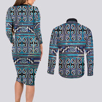 Maori Matariki Couples Matching Long Sleeve Bodycon Dress and Long Sleeve Button Shirt Blue Galaxy Aesthetic Koru Art