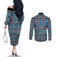 Maori Matariki Couples Matching Off The Shoulder Long Sleeve Dress and Long Sleeve Button Shirt Blue Galaxy Aesthetic Koru Art