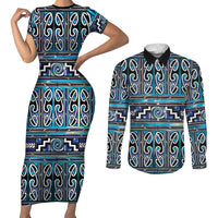 Maori Matariki Couples Matching Short Sleeve Bodycon Dress and Long Sleeve Button Shirt Blue Galaxy Aesthetic Koru Art