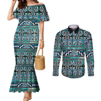 Maori Matariki Couples Matching Mermaid Dress and Long Sleeve Button Shirt Green Galaxy Aesthetic Koru Art