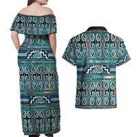 Maori Matariki Couples Matching Off Shoulder Maxi Dress and Hawaiian Shirt Green Galaxy Aesthetic Koru Art