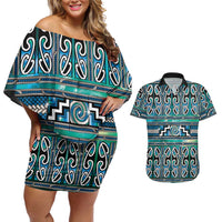 Maori Matariki Couples Matching Off Shoulder Short Dress and Hawaiian Shirt Green Galaxy Aesthetic Koru Art