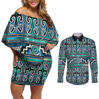 Maori Matariki Couples Matching Off Shoulder Short Dress and Long Sleeve Button Shirt Green Galaxy Aesthetic Koru Art