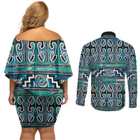 Maori Matariki Couples Matching Off Shoulder Short Dress and Long Sleeve Button Shirt Green Galaxy Aesthetic Koru Art