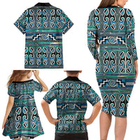Maori Matariki Family Matching Long Sleeve Bodycon Dress and Hawaiian Shirt Green Galaxy Aesthetic Koru Art LT01 - Polynesian Pride