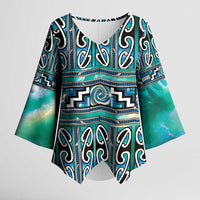 Maori Matariki Kimono Sleeve Blouse Green Galaxy Aesthetic Koru Art