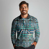 Maori Matariki Long Sleeve Polo Shirt Green Galaxy Aesthetic Koru Art LT01 - Polynesian Pride