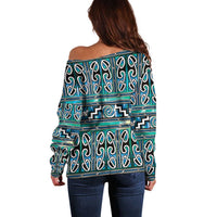 Maori Matariki Off Shoulder Sweater Green Galaxy Aesthetic Koru Art