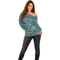 Maori Matariki Off Shoulder Sweater Green Galaxy Aesthetic Koru Art