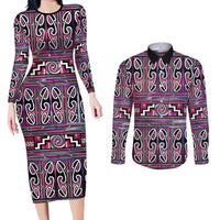 Maori Matariki Couples Matching Long Sleeve Bodycon Dress and Long Sleeve Button Shirt Pink Galaxy Aesthetic Koru Art LT01 Pink - Polynesian Pride