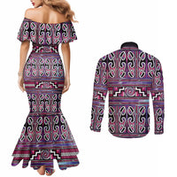 Maori Matariki Couples Matching Mermaid Dress and Long Sleeve Button Shirt Pink Galaxy Aesthetic Koru Art LT01 - Polynesian Pride