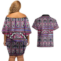 Maori Matariki Couples Matching Off Shoulder Short Dress and Hawaiian Shirt Pink Galaxy Aesthetic Koru Art LT01 - Polynesian Pride