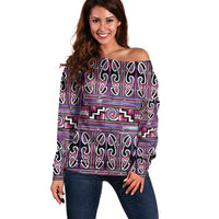 Maori Matariki Off Shoulder Sweater Pink Galaxy Aesthetic Koru Art LT01 Women Pink - Polynesian Pride