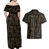 Hawaii Brown Plumeria Lei Black Couples Matching Off Shoulder Maxi Dress and Hawaiian Shirt Frangipani Floral Heritage Art