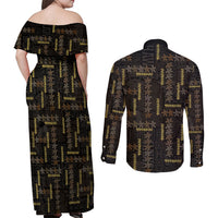 Hawaii Brown Plumeria Lei Black Couples Matching Off Shoulder Maxi Dress and Long Sleeve Button Shirt Frangipani Floral Heritage Art