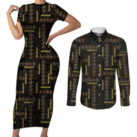 Hawaii Brown Plumeria Lei Black Couples Matching Short Sleeve Bodycon Dress and Long Sleeve Button Shirt Frangipani Floral Heritage Art