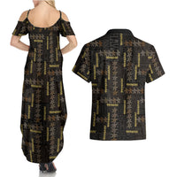 Hawaii Brown Plumeria Lei Black Couples Matching Summer Maxi Dress and Hawaiian Shirt Frangipani Floral Heritage Art