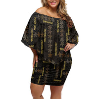 Hawaii Brown Plumeria Lei Black Family Matching Off Shoulder Short Dress and Hawaiian Shirt Frangipani Floral Heritage Art