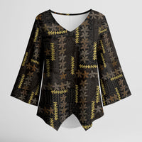 Hawaii Brown Plumeria Lei Black Kimono Sleeve Blouse Frangipani Floral Heritage Art