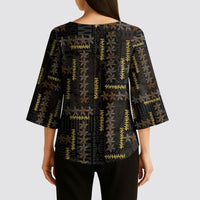 Hawaii Brown Plumeria Lei Black Kimono Sleeve Blouse Frangipani Floral Heritage Art
