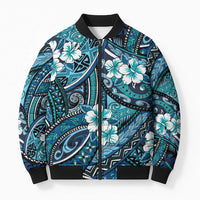 Polynesian Hibiscus Tropical Blue Floral Bomber Puffer Jacket Tribal Pattern - Polynesian Pride