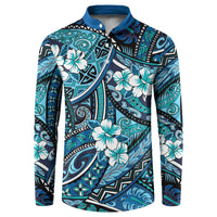 Polynesian Hibiscus Tropical Blue Floral Button Sweatshirt Tribal Pattern - Polynesian Pride