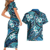 Polynesian Hibiscus Tropical Blue Floral Couples Matching Short Sleeve Bodycon Dress and Hawaiian Shirt Tribal Pattern - Polynesian Pride