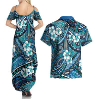 Polynesian Hibiscus Tropical Blue Floral Couples Matching Summer Maxi Dress and Hawaiian Shirt Tribal Pattern - Polynesian Pride